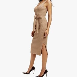 Good American Taupe Ribbed Knit Midi Tie Cotton Blend Tank Bodycon Dress Size 4